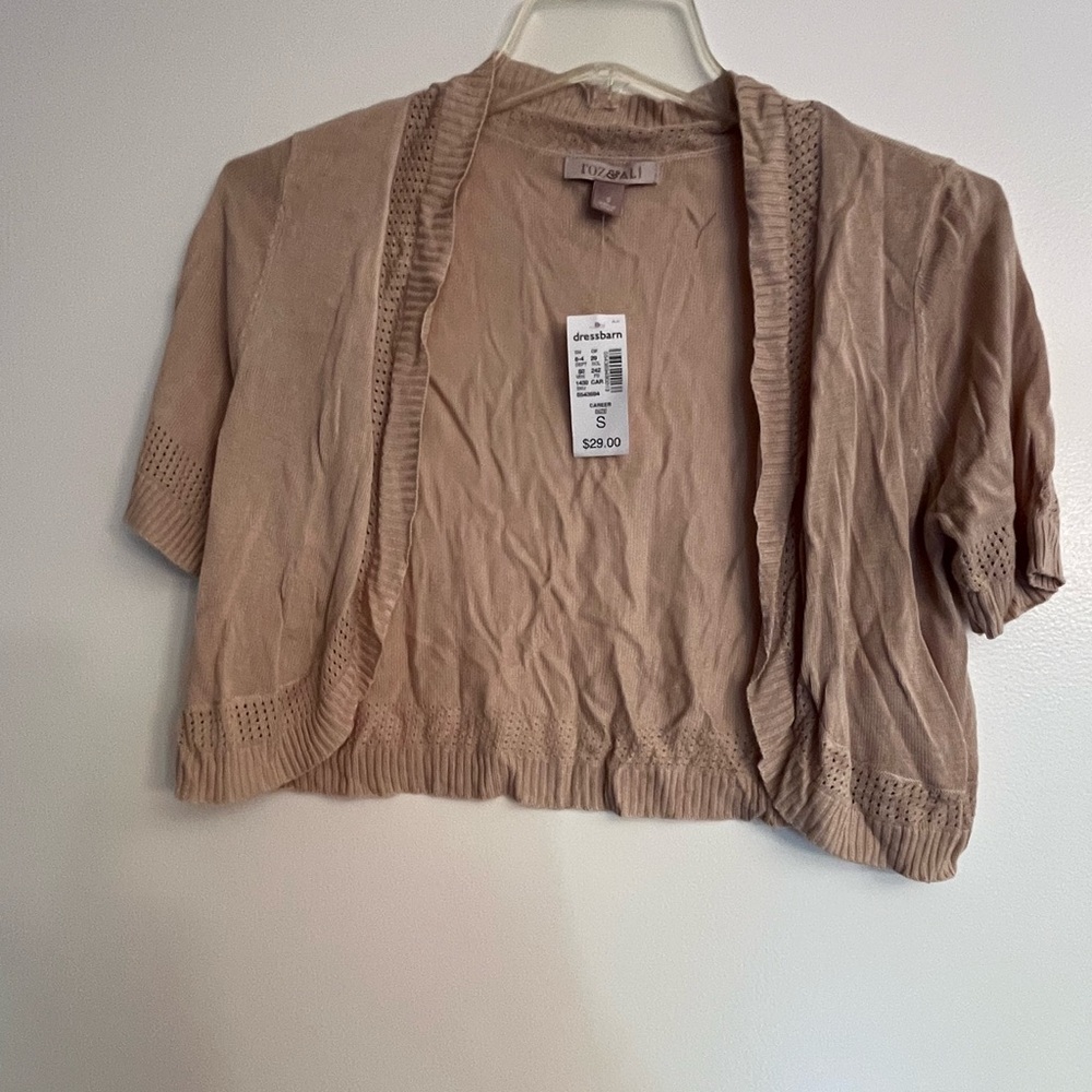 Dressbarn Roz & Ali Tan Cardigan Sweater short sleeve. Light weight woman small
